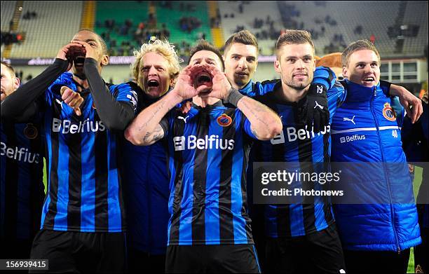 Carl Hoefkens of Club Brugge KV celebrates the win with teammates after the Jupiler League match between Club Brugge K.V and R.C.S.Charleroi November...