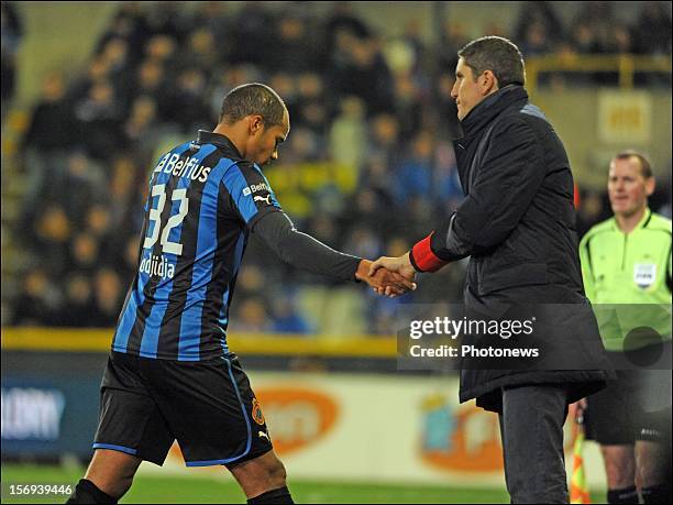 Vadis Odjidja Ofoe of Club Brugge KV sent off by referee Peter Vervecken after red card with head coach Juan Carlos Garrido of Club Brugge KV...