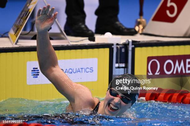 Katie Ledecky of Team United States celebrates winning the Women's 1500m Freestyle Final on day three of the Fukuoka 2023 World Aquatics...