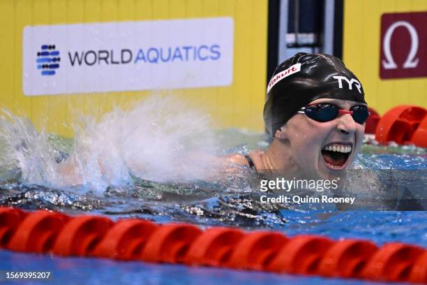Katie Ledecky of Team United States celebrates winning the Women's 1500m Freestyle Final on day three of the Fukuoka 2023 World Aquatics...