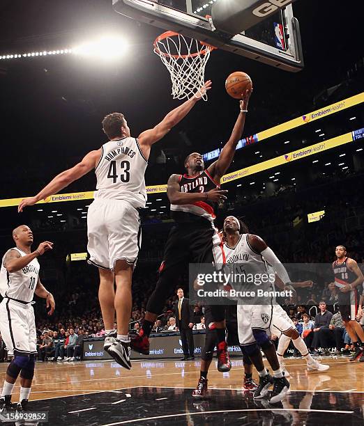 Wesley Matthews of the Portland Trail Blazers scores two in the first quarter against the Brooklyn Nets at the Barclays Center on November 25, 2012...