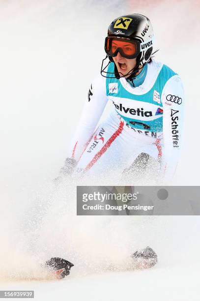 Kathrin Zettel of Austria celebrates after crossing the finish line to win the women's slalom at the Nature Valley Aspen Winternational Audi FIS Ski...