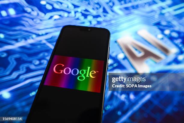 In this photo illustration, a Google logo displayed on a smartphone with Artificial Intelligence design in the background.