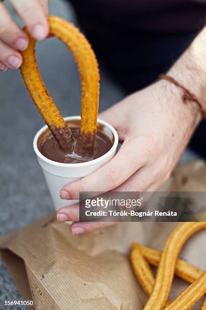 churros con chocolate - chocolate con churros stock pictures, royalty-free photos & images
