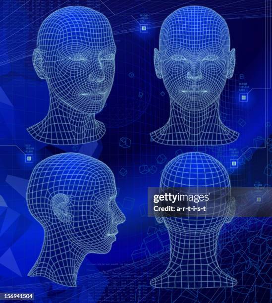various sides of a 3d head on abstract blue background - chin stock illustrations