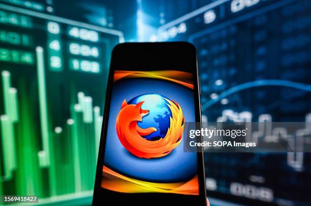 In this photo illustration, a Mozilla Firefox logo displayed on a smartphone with stock market percentages in the background.