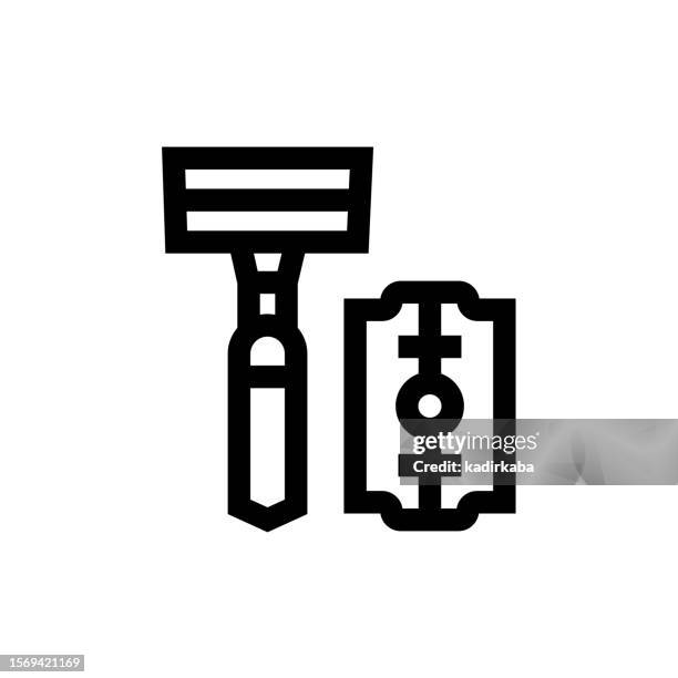 razor line icon, design, pixel perfect, editable stroke. logo, sign, symbol. blade, beauty, shave. - shaving head stock illustrations