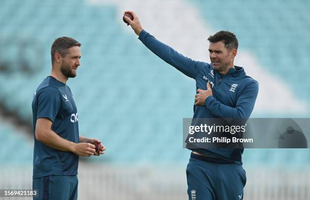 James Anderson and Chris Woakes of England look on during a training session before the 5th Test between England and Australia at The Kia Oval on...