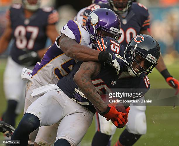 Brandon Marshall of the Chicago Bears is tackled by Jasper Brinkley of the Minnesota Vikings after a catch at Soldier Field on November 25, 2012 in...