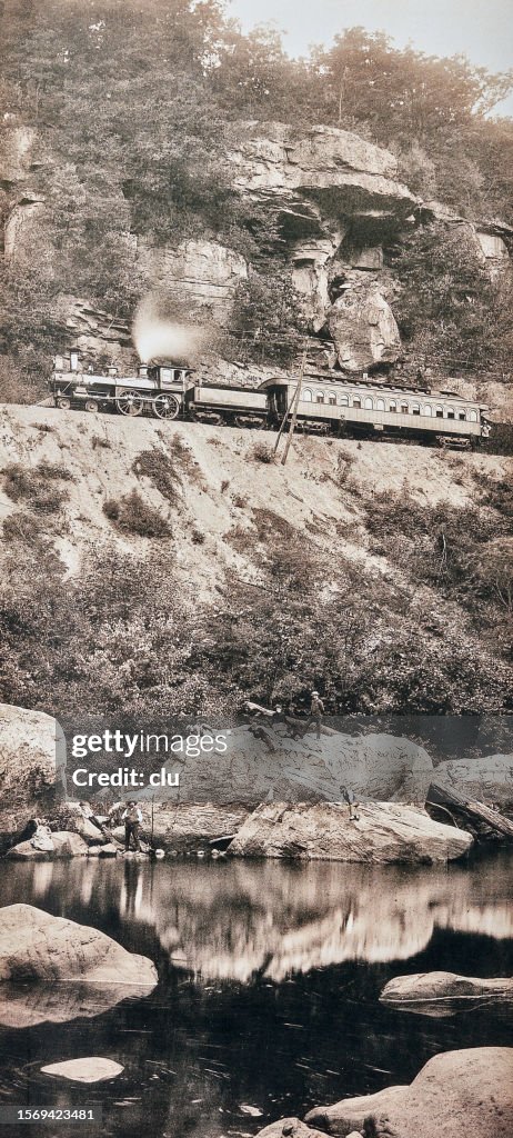 Train of the Baltimore Ohio Railway company in a fantastic landscape, 1885