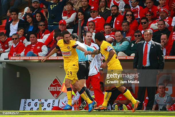 Miguel Layun of America celebrates a goal against Toluca during a match between Toluca and America as part of the Apertura 2012 Liga MX at Nemesio...