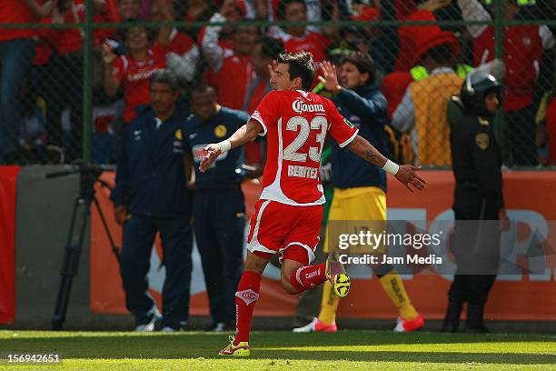 Edgar Benitez of Toluca celebrates a goal against America during a match between Toluca and America as part of the Apertura 2012 Liga MX at Nemesio...