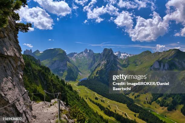 view of alpstein with mountains altmann and saentis, appenzell alps, canton appenzell innerrhoden, switzerland - appenzell innerrhoden stock pictures, royalty-free photos & images