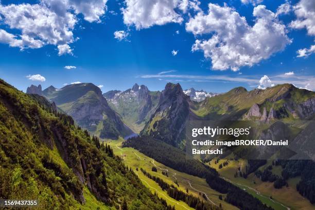 view of alpstein with mountains altmann and saentis, appenzell alps, canton appenzell innerrhoden, switzerland - appenzell innerrhoden stock pictures, royalty-free photos & images