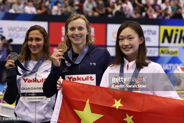 Silver medallist Simona Quadarella of Team Italy, Gold medallist Katie Ledecky of Team United States and bronze medallist Bingjie Li of Team China...