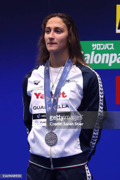 Silver medallist Simona Quadarella of Team Italy poses during the medal ceremony for the Women's 1500m Freestyle Final on day three of the Fukuoka...