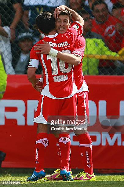Edgar Benitez of Toluca celebrates a goal against America during a match between Toluca and America as part of the Apertura 2012 Liga MX at Nemesio...