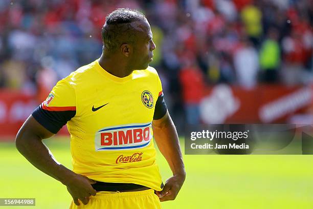Christian Benitez of America looks on during a match between Toluca and America as part of the Apertura 2012 Liga MX at Nemesio Diez Stadium on...