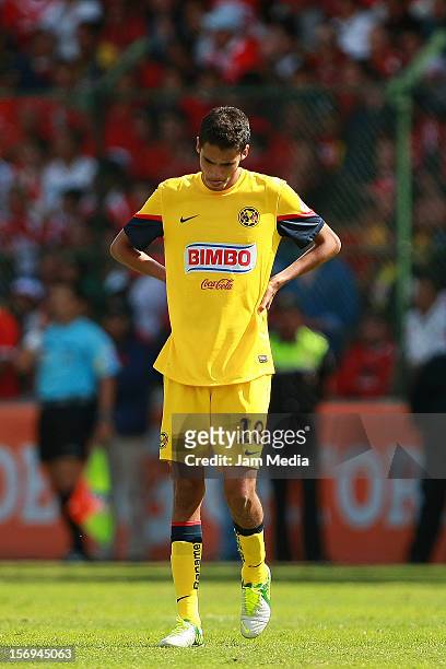 Diego Reyes of America reacts during a match between Toluca and America as part of the Apertura 2012 Liga MX at Nemesio Diez Stadium on November 25,...