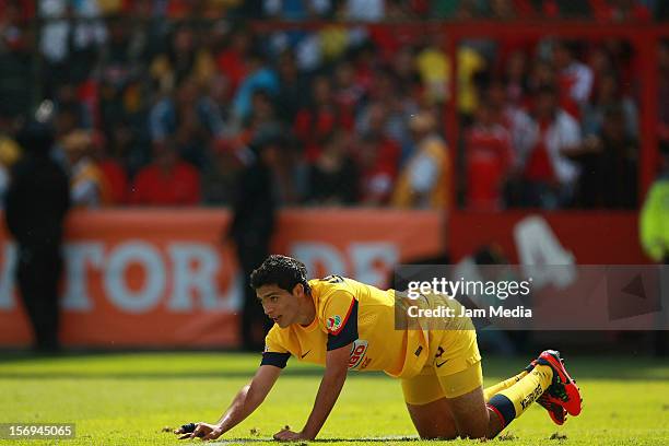 Raul Jimenez of America reacts during a match between Toluca and America as part of the Apertura 2012 Liga MX at Nemesio Diez Stadium on November 25,...