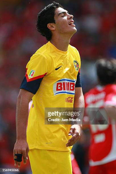 Raul Jimenez of America reacts during a match between Toluca and America as part of the Apertura 2012 Liga MX at Nemesio Diez Stadium on November 25,...
