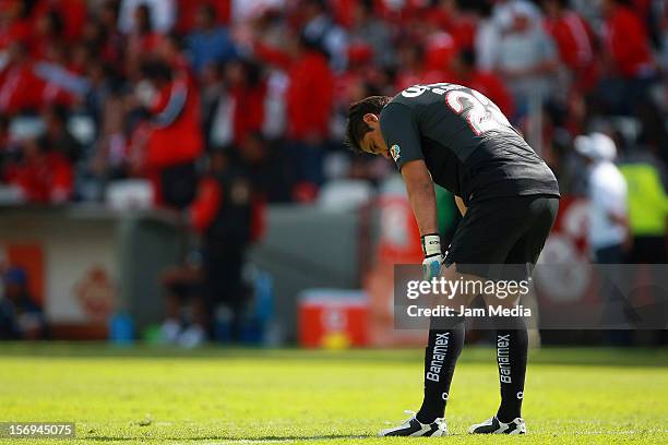 Moises Munoz goalkeeper of America reacts during a match between Toluca and America as part of the Apertura 2012 Liga MX at Nemesio Diez Stadium on...