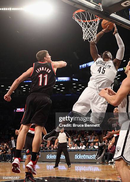 Gerald Wallace of the Brooklyn Nets scores two late in the fourth quarter against the Portland Trail Blazers at the Barclays Center on November 25,...