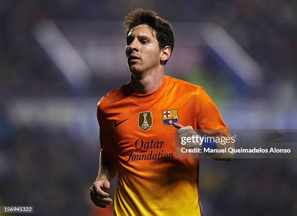 Lionel Messi of Barcelona looks on during the la Liga match between Levante UD and FC Barcelona at Ciutat de Valencia on November 25, 2012 in...