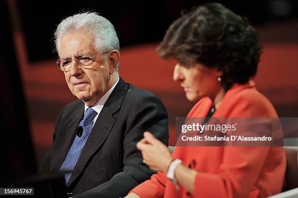 Italian Prime Minister Mario Monti and Member of the European Parliament Sylvie Goulard attend 'Che Tempo Che Fa' Italian TV Show on November 25,...