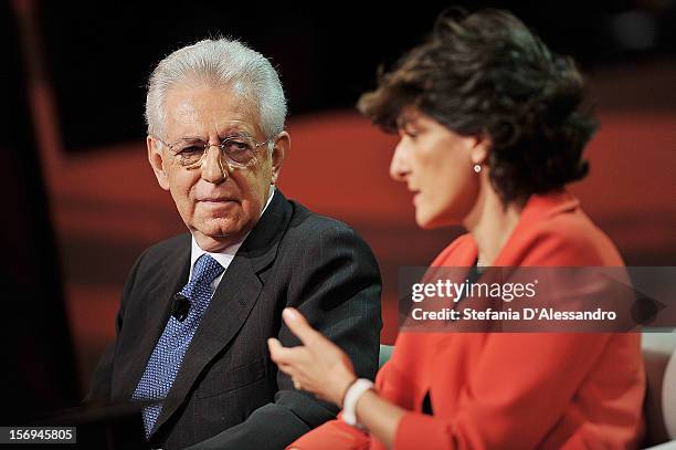 Italian Prime Minister Mario Monti and Member of the European Parliament Sylvie Goulard attend 'Che Tempo Che Fa' Italian TV Show on November 25,...