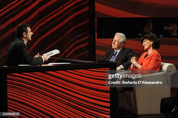 Fabio Fazio, Italian Prime Minister Mario Monti and Member of the European Parliament Sylvie Goulard attend 'Che Tempo Che Fa' Italian TV Show on...