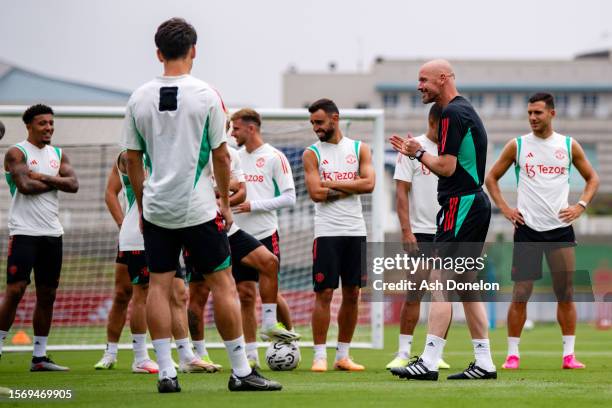 Erik ten Hag, Manager of Manchester United reacts during a training session at Qualcomm Stadium on July 25, 2023 in San Diego, California.