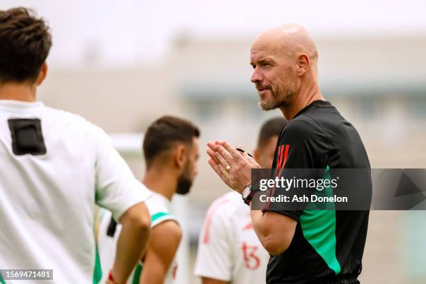 Erik ten Hag, Manager of Manchester United reacts during a training session at Qualcomm Stadium on July 25, 2023 in San Diego, California.