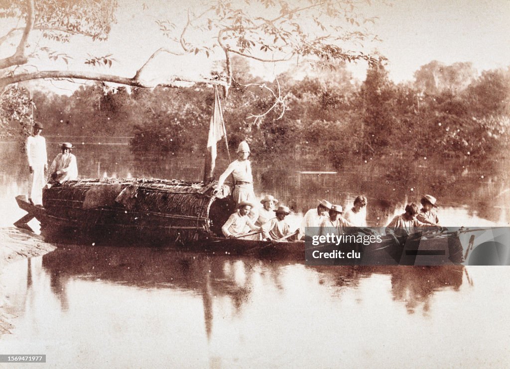 Venezuela, Orinoco, expedition on a pirogue, 1886