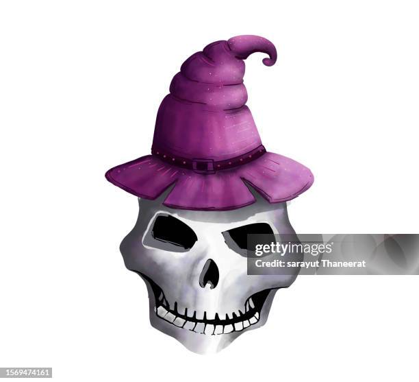 skull ghost wearing a witch's hat on a white background, isolate - ugly pumpkins stock-fotos und bilder