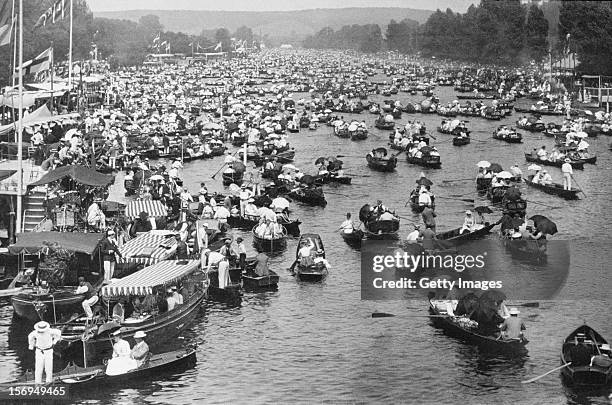 Boats on the Thames during Henley Royal Regatta, Henley-on-Thames, Oxfordshire, 1889.