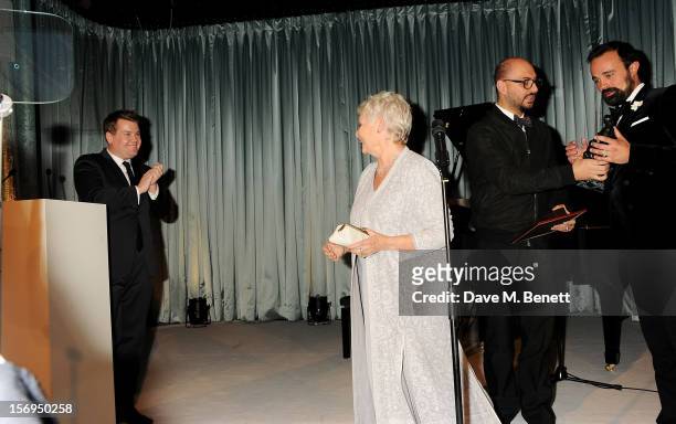 James Corden, Dame Judi Dench and Evgeny Lebedev attend the 58th London Evening Standard Theatre Awards in association with Burberry at The Savoy...
