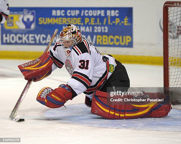 Brandon Thibeau of the Weeks Crushers makes a save during the third period against the Summerside Western Capitals on November 25, 2012 at the...