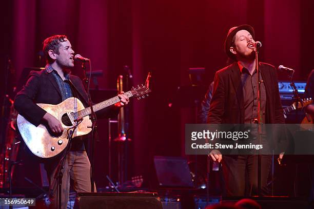 Sam Cohen and Andy Cabic of Vetiver perform at The Last Waltz Tribute Concert at The Warfield Theater on November 24, 2012 in San Francisco,...