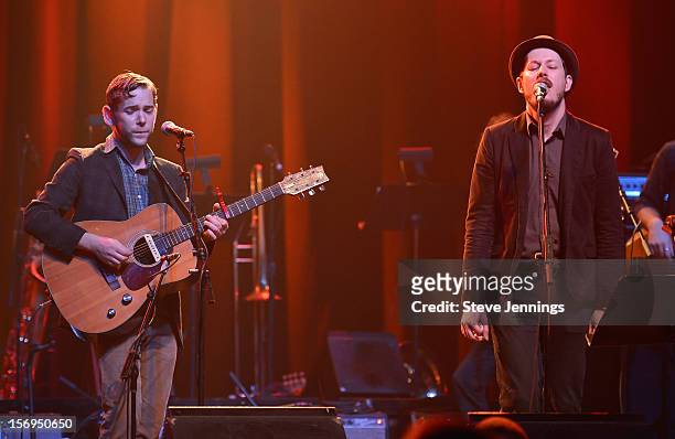 Sam Cohen and Andy Cabic of Vetiver perform at The Last Waltz Tribute Concert at The Warfield Theater on November 24, 2012 in San Francisco,...