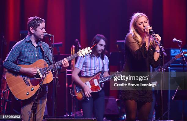 Sam Cohen and Blake Hazard of The Submarines perform at The Last Waltz Tribute Concert at The Warfield Theater on November 24, 2012 in San Francisco,...