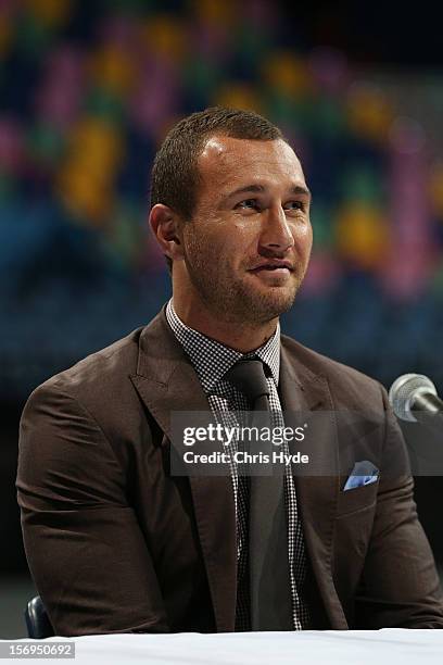 Quade Cooper speaks to the media during a press conference at Brisbane Entertainment Centre on November 26, 2012 in Brisbane, Australia.