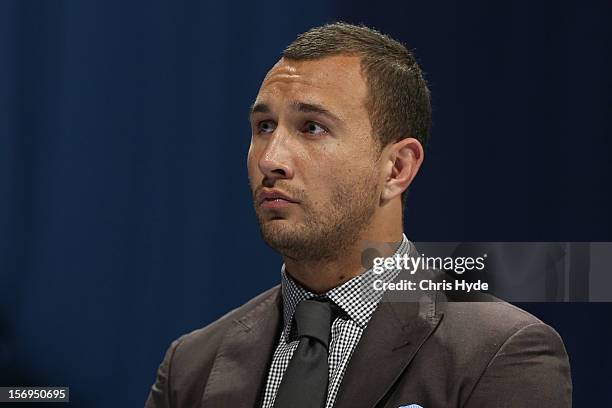 Quade Cooper speaks to the media during a press conference at Brisbane Entertainment Centre on November 26, 2012 in Brisbane, Australia.