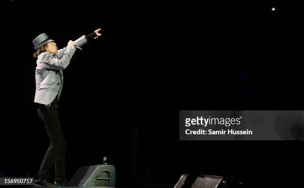 Mick Jagger of The Rolling Stones performs live on stage for the first of their 50th Anniversary concerts at the O2 Arena on November 25, 2012 in...