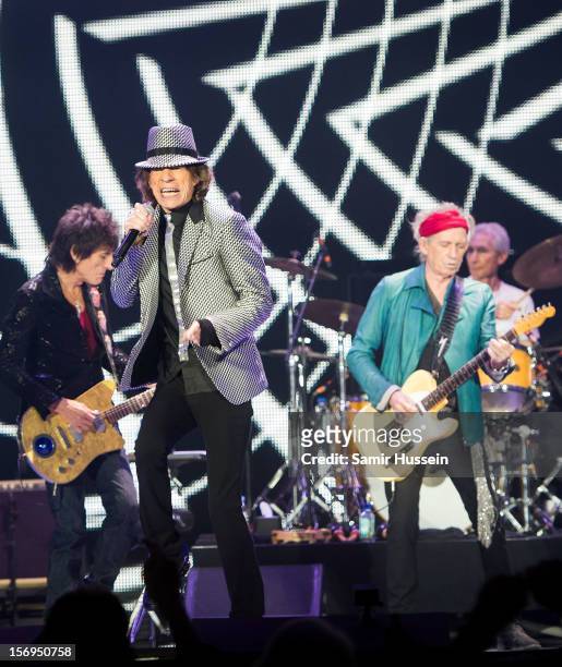 Mick Jagger, Charlie Watts , Ronnie Wood and Keith Richards of The Rolling Stones perform live on stage for the first of their 50th Anniversary...