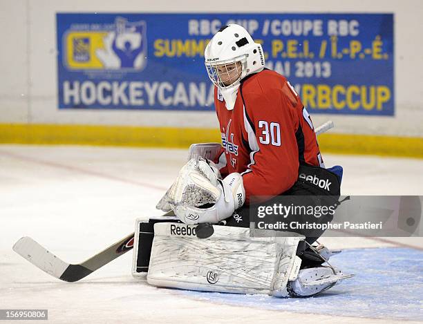 Jacob Riley of the Summerside Western Capitals makes a save during the game against the Weeks Crushers on November 25, 2012 at the Consolidated...