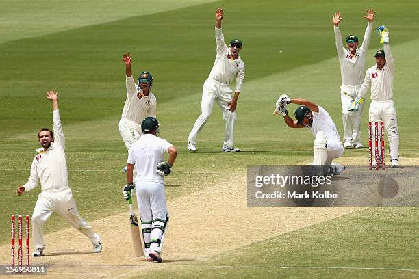 Nathan Lyon of Australia and his team appeal unsucessfully for the wicket of Faf du Plessis of South Africa during day five of the Second Test Match...