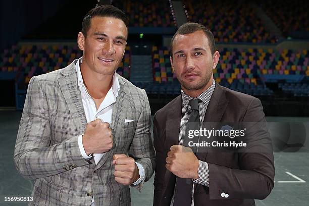 Quade Cooper and Sonny Bill Williams pose for a photograph during a press conference at Brisbane Entertainment Centre on November 26, 2012 in...