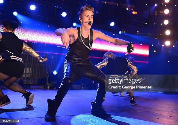 Justin Bieber performs during the halftime show at the CFL's 100th Grey Cup Championship at the Rogers Centre on November 25, 2012 in Toronto, Canada.