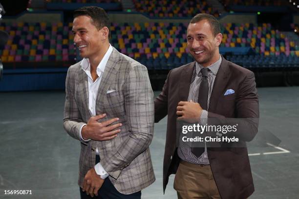 Quade Cooper and Sonny Bill Williams pose for a photograph during a press conference at Brisbane Entertainment Centre on November 26, 2012 in...